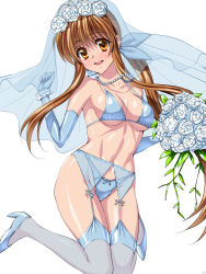 Rule 34 | 00s, 1girl, bouquet, bra, bridal veil, brown eyes, brown hair, clannad, elbow gloves, female focus, flower, furukawa sanae, garter belt, garter straps, gloves, lingerie, long hair, mature female, panties, ponytail, sen (sansui), solo, standing, underwear, veil, white legwear, white panties