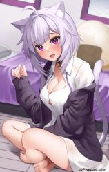 1girl absurdres ahoge animal_collar animal_ear_fluff animal_ears barefoot bed black_collar black_jacket blush breasts cat_ears cat_girl cat_tail cleavage collar commentary_request fang highres hololive jacket large_breasts looking_at_viewer medium_hair naked_shirt neck_ribbon nekomata_okayu nekomata_okayu_(oversized_shirt) open_clothes open_jacket open_mouth purple_eyes purple_hair purple_ribbon pyonsan ribbon shirt tail thighs untied_ribbon virtual_youtuber white_shirt