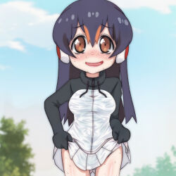 1girl black_gloves black_hair black_jacket blush breasts brown_eyes clothes_lift cloud gentoo_penguin_(kemono_friends) gloves headphones hot jacket kemono_friends long_hair long_sleeves looking_at_viewer medium_breasts multicolored_hair open_mouth orange_hair panties panty_peek penguin_girl skirt skirt_lift sky smile standing streaked_hair sweat t_jiroo_(ringofriend) tree underwear wet_gloves wet_jacket white_panties white_skirt