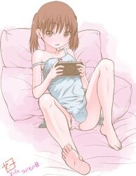 1girl 2016 barefoot brown_eyes brown_hair cameltoe commentary dress feet female_focus foreshortening full_body handheld_game_console highres kodomo_no_hi loli looking_at_viewer on_bed oonuma_hiroshi open_mouth original panties pillow playing_games reclining short_dress soles solo strap_slip striped_clothes striped_panties toes underwear