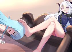 2girls ahoge bare_legs barefoot belt black_coat black_halo blue_archive blue_hair borrowed_character coat couch crossed_legs demon_girl demon_horns feet femdom foot_on_head halo highres hina_(blue_archive) horns long_hair multiple_girls nuppunuppu on_couch purple_eyes sitting soles toes white_hair yellow_eyes