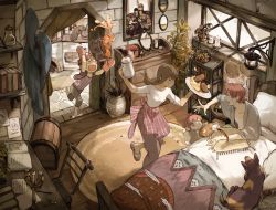 &gt;_&lt; 2boys 2girls absurdres apron arms_up bed bedroom black_cat blanket bookshelf bread bread_slice brick_wall brown_dress brown_hair candle candlestand capri_pants cat character_request chest_of_drawers child cloth coat commentary cookie cup curtains day desk dog doorway dress english_commentary family fire_emblem fire_emblem_awakening fireplace flip-flops flower_pot food from_above grin highres holding holding_kettle holding_plate holding_pot holding_tray indoors katy_ho kettle lantern letter looking_at_another mirror mittens mixed-language_commentary morning multiple_boys multiple_girls nintendo pants paper pavement photo_(object) pillow plaid plant plate pot potted_plant red_hair ricken_(fire_emblem) rug sandals scrambled_egg shirt short_hair short_sleeves sick sitting slice_of_life smile soup spill stairs standing standing_on_one_leg steam sweatdrop table toast tray treasure_chest tripping under_covers v-neck vase vest waist_apron walking white_shirt window windowsill wooden_chair wooden_floor wooden_table