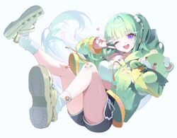 1girl bandaid bandaid_on_knee bandaid_on_leg black_shorts blunt_bangs breasts chico_(yuzuha_riko) cleavage commentary_request crocs crop_top dolphin_shorts full_body green_hair green_jacket high-waist_shorts highres jacket jewelry korean_commentary long_hair long_sleeves looking_at_viewer medium_breasts midriff mixed-language_commentary necklace official_art one_eye_closed one_side_up open_clothes open_jacket open_mouth purple_eyes shirt short_shorts shorts simple_background sleeveless sleeveless_shirt smile socks solo spaghetti_strap stellive thighs v very_long_hair white_background white_shirt white_socks yuzuha_riko zetto023