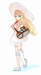 1girl bag blonde_hair braid collared_dress commentary dress duffel_bag full_body galubyee_(pwvx5544) green_eyes grey_bag hat highres holding_strap kneehighs lillie_(pokemon) long_hair nintendo open_mouth pokemon pokemon_sm shoes simple_background sleeveless sleeveless_dress socks solo standing sun_hat white_background white_dress white_hat white_socks