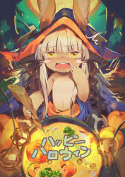 1other alternate_costume animal_ears blush cauldron commentary_request drooling food furry halloween hat horns jofang lantern made_in_abyss moon nanachi_(made_in_abyss) onion open_mouth partial_commentary pumpkin solo soup stick tears text_focus translated whiskers white_hair yellow_eyes