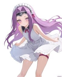 1girl absurdres bare_shoulders blush breasts dress fate/grand_order fate_(series) frilled_hairband frills hairband headband highres leaning_forward long_hair looking_at_viewer medusa_(fate) medusa_(lancer)_(fate) nagine parted_bangs purple_eyes purple_hair rider sidelocks small_breasts smile solo thigh_strap thighs very_long_hair white_background white_dress