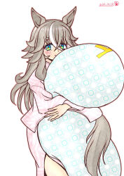 1girl alternate_costume animal_ears blue_eyes blush closed_mouth commentary_request dated grey_hair hair_between_eyes hair_ornament highres horse_ears horse_girl looking_at_viewer pajamas pillow qlqdlubxdznncnh smile solo t-head_trainer_(umamusume) thick_eyebrows trainer_(umamusume) umamusume white_background wonder_acute_(umamusume)