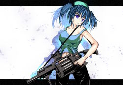 1girl aqua_eyes aqua_hair bad_id bad_pixiv_id blue_hair breasts cleavage female_focus grenade_launcher gun gun_sling hat kawashiro_nitori letterboxed midriff milkor_mgl navel off_shoulder outside_border purple_eyes revolver_grenade_launcher solo takiteru tank_top touhou vertical_forward_grip weapon