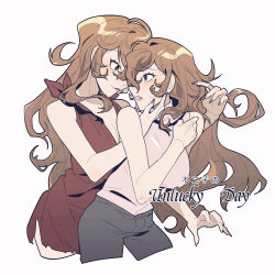 2girls black_pants blush breasts cleavage dress dual_persona highres long_hair lupin_iii mine_fujiko multiple_girls pants pink_shirt red_dress shirt smile tian_niunai_hezi wavy_hair white_background yuri