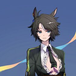 Rule 34 | 1girl, animal ears, black hair, black necktie, blue eyes, center frills, center opening, chu andwen, collared shirt, ear ornament, frilled shirt, frills, fuji kiseki (umamusume), horse ears, horse girl, multicolored hair, necktie, shirt, solo, streaked hair, umamusume, upper body, white shirt