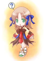 1girl :o ? blue_bow boots bow brown_hair brown_shirt brown_skirt chibi chibi_only commentary_request full_body green_eyes hair_bow hanbok hiruankou korean_clothes long_sleeves looking_at_viewer lowres medium_hair open_mouth orange_background ragnarok_online shirt skirt solo soul_linker_(ragnarok_online) spoken_question_mark white_boots