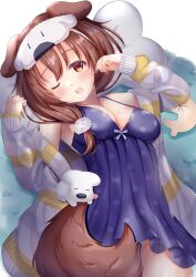 Rule 34 | 1girl, absurdres, animal ears, breasts, brown hair, cardigan, cleavage, dog, dog ears, dog girl, dog tail, dress, hajime yo, highres, hololive, inugami korone, long sleeves, lying, on back, one eye closed, open mouth, polka dot, polka dot dress, purple dress, purple nails, solo, striped cardigan, stuffed toy, tail, virtual youtuber