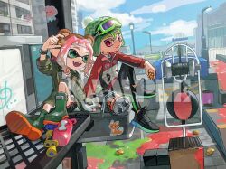 1boy 1girl :d animal_ear_hairband animal_ears badge beanie bear_ears black_leggings black_shoes black_shorts blaster_(splatoon) boots brown_hairband closed_mouth eyebrow_cut fake_animal_ears fangs fingerless_gloves full_body gloves goggles goggles_on_headwear green_boots green_eyes green_hair green_hat green_jacket hairband hat highres holding_badge inkling inkling_girl inkling_player_character jacket leggings long_sleeves looking_at_another miko_(15476997) nintendo octoling octoling_boy octoling_player_character open_clothes open_jacket open_mouth outdoors pink_eyes pink_hair pointy_ears pom_pom_(clothes) pom_pom_beanie red_jacket rubber_boots sample_watermark shirt shoes short_hair shorts single_glove smile splatoon_(series) splatoon_3 splattershot_(splatoon) tentacle_hair watch watermark white_gloves white_shirt wristwatch