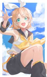 Rule 34 | 1girl, absurdres, aqua eyes, arm up, black leg warmers, black sailor collar, black shorts, blonde hair, blue sky, border, bow, cloud, cloudy sky, colored eyelashes, facial mark, fang, feet out of frame, hair bow, hair ornament, hairclip, headphones, highres, kagamine rin, leg warmers, musical note, musical note print, neckerchief, open mouth, parallel hairclips, reaching, reaching towards viewer, sailor collar, shirt, short hair, shorts, sitting, skin fang, sky, sleeveless, sleeveless shirt, solo, star (symbol), star facial mark, teeth, upper teeth only, vocaloid, white border, white bow, white shirt, yellow neckerchief, yu nyan n