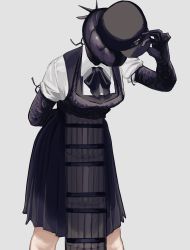 1girl absurdres arm_behind_back black_ribbon bomb_devil_(chainsaw_man) breasts chainsaw_man collared_shirt dress dynamite elbow_gloves explosive faceless gloves hat highres holding holding_unworn_clothes holding_unworn_hat hybrid leaning_forward medium_breasts nuclear_weapon pinafore_dress reze_(chainsaw_man) ribbon shirt simple_background sleeveless sleeveless_dress sleeves_rolled_up solo unworn_hat unworn_headwear white_background yuuwaku06