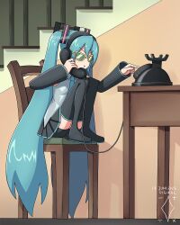 Rule 34 | 1girl, antique phone, aqua hair, aqua necktie, artist logo, artist name, black boots, black skirt, black sleeves, boots, chair, commentary, corded phone, detached sleeves, digiral, dress, english commentary, grey shirt, hair ornament, hatsune miku, highres, holding, holding phone, indoors, knees up, logo, long hair, necktie, on chair, parody, phone, pleated dress, pout, rotary phone, scene reference, shirt, sitting, skirt, sleeveless, sleeveless shirt, solo, stairs, sunglasses, table, thigh boots, tom and jerry, twintails, twitter username, v-shaped eyebrows, very long hair, vocaloid