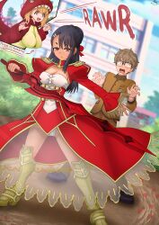 1boy 2girls aestus_estus artist_name asymmetrical_hair black_hair blonde_hair breasts brown_hair bun_with_braided_base cleavage closed_mouth corset dark-skinned_female dark_skin fate/extra fate/grand_order fate_(series) glasses hachiouji_naoto hair_bun hair_ornament hair_ribbon holding holding_sword holding_weapon ijiranaide_nagatoro-san kaschmatz long_hair multiple_girls nagatoro_hayase nero_claudius_(fate) nero_claudius_(fate/extra) open_mouth red_corset red_ribbon ribbon school_uniform see-through_clothes see-through_skirt skirt standing sword tagme tan tanline weapon yoshi_(nagatoro)