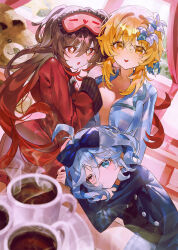 3girls ahoge alternate_costume blonde_hair blue_eyes blue_pajamas blue_ribbon blue_shirt breasts brown_hair coffee coffee_mug commentary cup flower flower-shaped_pupils furina_(genshin_impact) genshin_impact hair_flower hair_ornament hair_ribbon highres hu_tao_(genshin_impact) indol indoors large_breasts long_hair lumine_(genshin_impact) mask mask_on_head mug multiple_girls no_bra one_eye_closed pajamas red_eyes red_pajamas ribbon shirt short_hair_with_long_locks sleep_mask stuffed_animal stuffed_toy symbol-only_commentary symbol-shaped_pupils teddy_bear yellow_eyes