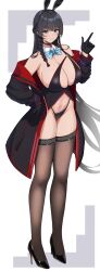 Rule 34 | 1girl, animal ears, bare shoulders, bikini, black bikini, black gloves, black hair, black jacket, blue eyes, bow, bowtie, braid, breasts, brown thighhighs, choker, cleavage, detached collar, fake animal ears, full body, gloves, high heels, highleg, highleg bikini, highres, jacket, large breasts, leotard, long hair, long sleeves, looking at viewer, navel, off shoulder, original, playboy bunny, playboy bunny bikini, rabbit ears, smile, solo, sukebewe, swimsuit, thighhighs