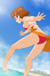 1girl arms_behind_back ass beach bikini blue_sky earrings from_side fuchi_(nightmare) highres jewelry light_blush looking_down natsuki_rin open_mouth precure red_bikini red_eyes red_hair short_hair sky solo swimsuit yes!_precure_5