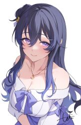 1girl absurdres bare_shoulders blue_bow blue_hair blue_skirt blush bow breasts cleavage closed_mouth collarbone commentary crescent crescent_necklace hair_between_eyes hair_bun hair_ornament highres jewelry large_breasts long_hair looking_at_viewer necklace off-shoulder_shirt off_shoulder original purple_eyes shirt signature simple_background single_side_bun skirt smile solo teti upper_body white_background white_shirt