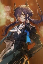1girl arknights black_coat brown_horns ch&#039;en_(arknights) chinese_commentary closed_mouth coat commentary_request cowboy_shot floating_hair hair_between_eyes highres horns jierfeisi light_particles light_smile long_sleeves looking_at_viewer neckerchief purple_hair red_eyes sketch solo standing twintails white_neckerchief