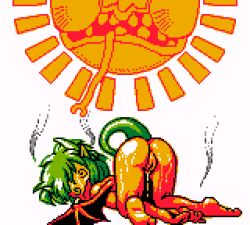 1girl @_@ anus ass barefoot dizzy draco_centauros dragon_girl dragon_horns dragon_tail dragon_wings green_hair horns hot loli lying nude open_mouth pixel_art pointy_ears pussy puyopuyo saiwai_hiroshi sega short_hair steam steaming_body sun sunburn sweat tail white_background wings
