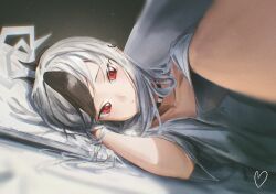 1girl absurdres black_hair black_horns blue_archive closed_mouth collarbone commentary demon_horns ear_piercing english_commentary grey_hair hair_between_eyes halo heart highres horns kayoko_(blue_archive) looking_at_viewer lying multicolored_hair on_side piercing red_eyes rifu002 shirt smile solo two-tone_hair under_covers