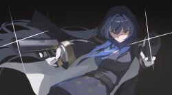 1girl absurdres black_background black_coat black_hair blue_coat blue_eyes blue_hair blue_necktie blue_shirt closed_mouth coat collared_shirt dual_wielding gloves gradient_background gun hair_intakes handgun highres holding holding_gun holding_weapon hololive hololive_english long_hair looking_at_viewer multicolored_coat multicolored_hair necktie official_alternate_costume ouro_kronii ouro_kronii_(4th_costume) seuhu shirt solo streaked_hair two-tone_coat virtual_youtuber weapon white_gloves