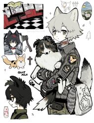 Rule 34 | 3boys, animal, animal ears, coyotetaodog, cropped legs, dog, dog boy, dog ears, dog tail, grey eyes, grey hair, grey jacket, highres, holding, holding animal, jacket, looking at viewer, male focus, multiple boys, original, short hair, tail, white background