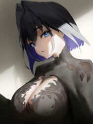 1girl aoteka black_cloak black_dress black_hair blue_eyes blue_hair breasts chronopattern_dress cloak colored_inner_hair dress hair_intakes hashtag-only_commentary highres hololive hololive_english large_breasts looking_at_viewer meme_attire multicolored_hair open_mouth ouro_kronii solo virtual_youtuber