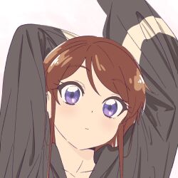 1girl aikatsu! aikatsu!_(series) arm_behind_head arms_up black_hoodie brown_hair closed_mouth commentary hashtag-only_commentary highres hood hood_down hoodie long_hair long_sleeves looking_at_viewer portrait purple_eyes semham shibuki_ran solo white_background