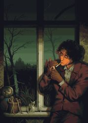 Rule 34 | 1boy, bare tree, black hair, blurry, brown suit, bug, butterfly, cigarette, closed eyes, collared shirt, contra bonos, curly hair, depth of field, doll, fence, formal clothes, grass, highres, indoors, insect, iron fence, jar, lighting cigarette, male focus, mosque, original, pixel art, scenery, shadow, shirt, short hair, silhouette, smoking, solo, suit, tall grass, tree, white shirt, wilted flower