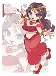 1girl an-chan_(ananna0315) blue_eyes bracelet breasts brown_hair circlet cleavage earrings eyeshadow gold_bracelet gold_collar gold_earrings harem_pants high_heels highres jewelry lipstick long_hair makeup mario_(series) navel nintendo pants pauline_(mario) purple_eyeshadow red_lips red_nails red_pants red_shoes see-through_clothes see-through_pants shoes solo watermark