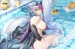 1girl @_@ absurdres ass azur_lane baby_animal bikini bird blue_eyes breasts chick commentary cone_hair_bun crossed_bangs double_bun eyewear_on_head goggles grin hair_between_eyes hair_bun highres inflatable_toy lace lace-trimmed_bikini lace_trim large_breasts lens_flare long_hair long_sleeves looking_at_viewer looking_back manjuu_(azur_lane) off_shoulder official_alternate_costume pool purple_bikini purple_hair sijinni smile solo star-shaped_eyewear star_(symbol) sunglasses swim_goggles swimsuit thong_bikini twintails very_long_hair water ying_swei_(azur_lane) ying_swei_(blue_waves_limpid_summer)_(azur_lane)