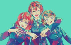 3girls ^_^ anger_vein angry aqua_background arm_around_shoulder blazer bow bowtie brown_hair closed_eyes colorful hair_between_eyes highres hoshizora_rin jacket koizumi_hanayo love_live! love_live!_school_idol_project medium_hair multicolored_eyes multicolored_hair multiple_girls nishikino_maki open_mouth otonokizaka_school_uniform red_hair school_uniform sharp911 short_hair smile striped_bow striped_bowtie striped_clothes surprised swept_bangs upper_body wide-eyed