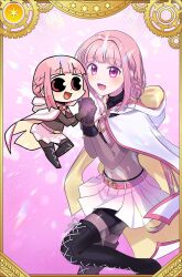 Rule 34 | 2girls, :d, artist collaboration, belt, belt buckle, bike shorts, black boots, black gloves, blush, bodystocking, boots, border, braid, buckle, card (medium), chibi, cloak, commentary request, dot nose, dual persona, fuji fujino, gloves, highres, holding hands, hood, hood down, long hair, magia record: mahou shoujo madoka magica gaiden, magical girl, mahou shoujo madoka magica, multiple girls, open mouth, papa (shimeguru), pink background, pink belt, pink hair, pink skirt, pleated skirt, side braids, skirt, smile, star (symbol), tamaki iroha, thigh boots, twin braids, very long hair, white cloak