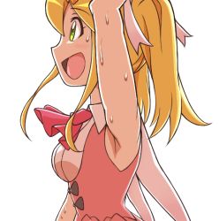 1girl android arm_up armpits blonde_hair bow bowtie dress frills halloween_costume halloween_roll happy magical_girl mega_man_(classic) mega_man_(series) mega_man_x_(series) mega_man_x_dive nobuyu_(77yusei) pink_dress ribbon roll_(mega_man) smile sweat torso twintails