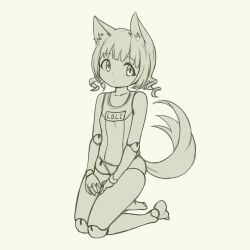 1girl animal_ears bare_shoulders blunt_bangs breasts closed_mouth collarbone commentary_request doll_joints dot_mouth drill_hair fox_ears fox_tail grey_background greyscale hands_on_lap highres joints looking_at_viewer monochrome old_school_swimsuit original pas_(paxiti) school_swimsuit short_hair simple_background sitting small_breasts solo swimsuit tail twin_drills