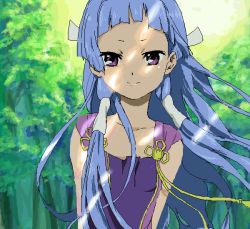 00s bad_id bad_pixiv_id blue_hair blunt_bangs forest kannagi long_hair nagi nature oekaki purple_eyes smile solo sun tamura_satomi