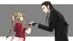 1boy 1girl aerith_gainsborough bangle bindo black_gloves black_hair black_jacket black_suit border bracelet braid braided_ponytail brown_hair cropped_jacket dress earrings final_fantasy final_fantasy_vii final_fantasy_vii_remake formal_clothes gloves green_eyes grey_background hair_ribbon hair_slicked_back holding_hands jacket jewelry long_hair looking_at_another parted_bangs pink_dress pink_ribbon puffy_short_sleeves puffy_sleeves red_jacket ribbon s_kouta_s short_sleeves sidelocks single_braid smile suit suit_jacket tseng twitter_username upper_body white_border