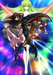 2boys 3girls black_cape black_hair blonde_hair brown_hair c.c. cape code_geass dress closed_eyes geass green_eyes green_hair kouzuki_kallen kururugi_suzaku lelouch_vi_britannia long_hair looking_at_viewer multiple_boys multiple_girls nunnally_vi_britannia official_art outstretched_arms purple_eyes red_hair red_legwear short_hair sleeveless sleeveless_turtleneck spread_arms turtleneck very_long_hair yellow_eyes