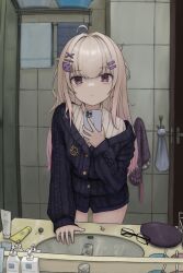 1girl ahoge black_cardigan blonde_hair cardigan colored_tips commentary_request highres indoors long_hair looking_at_viewer mirror_selfie multicolored_hair original phone pink_hair purple_eyes purple_ribbon ribbon sink solo standing sweater thigh_gap turtleneck turtleneck_sweater very_long_hair vremyatsay