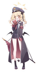 1girl :d absurdres amerika_neko arm_at_side black_boots black_bow black_coat black_hat black_ribbon black_shirt black_skirt blue_archive blush book boots bow bright_pupils coat collared_shirt commentary cosplay demon_girl demon_horns demon_tail demon_wings eyelashes full_body hair_between_eyes hair_ribbon halo hand_up happy hat hat_bow highres holding holding_book horns ibuki_(blue_archive) iroha_(blue_archive) iroha_(blue_archive)_(cosplay) lace-up_boots looking_at_viewer low_wings medium_hair necktie open_clothes open_coat open_mouth orange_halo peaked_cap pencil_skirt red_necktie ribbon school_uniform shirt simple_background skirt sleeves_past_wrists smile solo standing tail twintails white_background wide_sleeves wings yellow_eyes