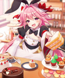 1boy animal_ears arm_at_side astolfo_(fate) astolfo_(saber)_(fate) astolfo_(saber)_(third_ascension)_(fate) bad_id bad_pixiv_id black_bow black_bowtie blurry blurry_background bow bowtie cake cake_slice chocolate chocolate_cake cup cupcake detached_collar dress fake_animal_ears fang fate/grand_order fate_(series) feeding food fork frills fruit giving hair_bow hair_intakes highres holding holding_fork incoming_food indoors juliet_sleeves long_hair long_sleeves looking_at_viewer macaron male_focus multicolored_hair open_mouth outstretched_arm pink_hair plate pn_(wnsl216) pov_feeding puffy_sleeves purple_eyes rabbit_ears red_bow saucer smile solo spatula strawberry strawberry_shortcake streaked_hair table tea teacup tiered_tray trap upper_body very_long_hair white_hair