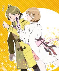 Rule 34 | 1boy, 1girl, :d, artist request, bow, breasts, brown eyes, brown hair, coat, energy gun, gamon yuuta, hair ornament, hairclip, highres, holding ray gun, lab coat, long sleeves, narusawa ryouka, occultic;nine, open mouth, pink bow, ray gun, science adventure, short hair, smile, sweatdrop, weapon, yellow background, yellow coat