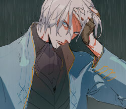 1boy arm_up black_gloves black_shirt blue_coat blue_eyes coat commentary_request devil_may_cry devil_may_cry_(series) devil_may_cry_3 fingerless_gloves gloves grey_hair hand_on_own_forehead korean_commentary lips long_sleeves looking_at_viewer male_focus mlxgdog open_clothes open_coat rain shirt solo upper_body vergil_(devil_may_cry) wet wet_hair white_hair