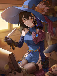 1girl belt black_hair book bookmark bookshelf brown_dust_(series) brown_dust_2 brown_eyes brown_pantyhose detached_sleeves dress gem groin hair_between_eyes hat hat_feather highres holding holding_quill indoors inkwell jewelry long_hair looking_at_viewer no_panties pantyhose paper quill scheherazade_(brown_dust) sitting solo strapless strapless_dress turtleneck turtleneck_dress user_avxx7745 window window_shadow witch witch_hat