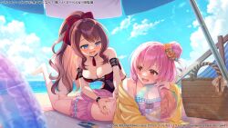 Rule 34 | 2girls, :d, applying sunscreen, arm strap, armpit crease, artist request, assault lily, ball, bare legs, bare shoulders, barefoot, basket, beach, beach towel, beach umbrella, beachball, bikini, bikini skirt, black one-piece swimsuit, blue eyes, blue sky, blurry, blurry foreground, blush, bow, breasts, brown eyes, brown hair, chair, cleavage, cloud, collarbone, commentary request, copyright notice, cross-laced bikini, cross-laced clothes, cross-laced one-piece swimsuit, day, drooling, feet up, flower, frilled bikini, frills, hair between eyes, hair bow, hair bun, hair flower, hair ornament, halterneck, hand on another&#039;s back, head rest, high ponytail, highres, hitotsuyanagi riri, holding, holding ball, holding beachball, horizon, innertube, jacket, jewelry, kaede johan nouvel, long hair, long sleeves, looking at another, looking back, lotion, lounge chair, lying, medium breasts, mouth drool, multiple girls, ocean, off shoulder, official alternate costume, official alternate hairstyle, official art, on ground, on stomach, one-piece swimsuit, open clothes, open jacket, open mouth, orange flower, orange rose, outdoors, pink bikini, pink hair, polka dot, polka dot bikini, ponytail, red bow, red one-piece swimsuit, ring, rose, see-through clothes, see-through one-piece swimsuit, shade, short hair, sidelocks, single hair bun, sitting, sky, sleeves past wrists, smile, sparkle, sunlight, sunscreen, swim ring, swimsuit, swimsuit cover-up, tassel, towel, two-tone one-piece swimsuit, umbrella, wavy hair, wristband, yellow jacket, yuri