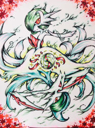 absurdres arm_blade colored_skin dress elbow_gloves flower gallade gardevoir gen_3_pokemon gen_4_pokemon gloves green_hair hair_over_one_eye highres mega_gallade mega_gardevoir mega_pokemon nintendo pink_eyes pokemon pokemon_(creature) red_flower smile user_xcyh8834_(pixiv_81184540) weapon white_background white_dress white_gloves white_skin
